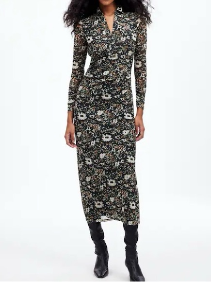 Nwt Madewell Long-Sleeve Polo Midi Dress In Floral Mossy Umber